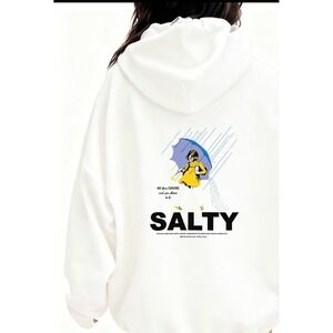 White Graphic Hoodie "Salty" Print Oversized Casual Streetwear